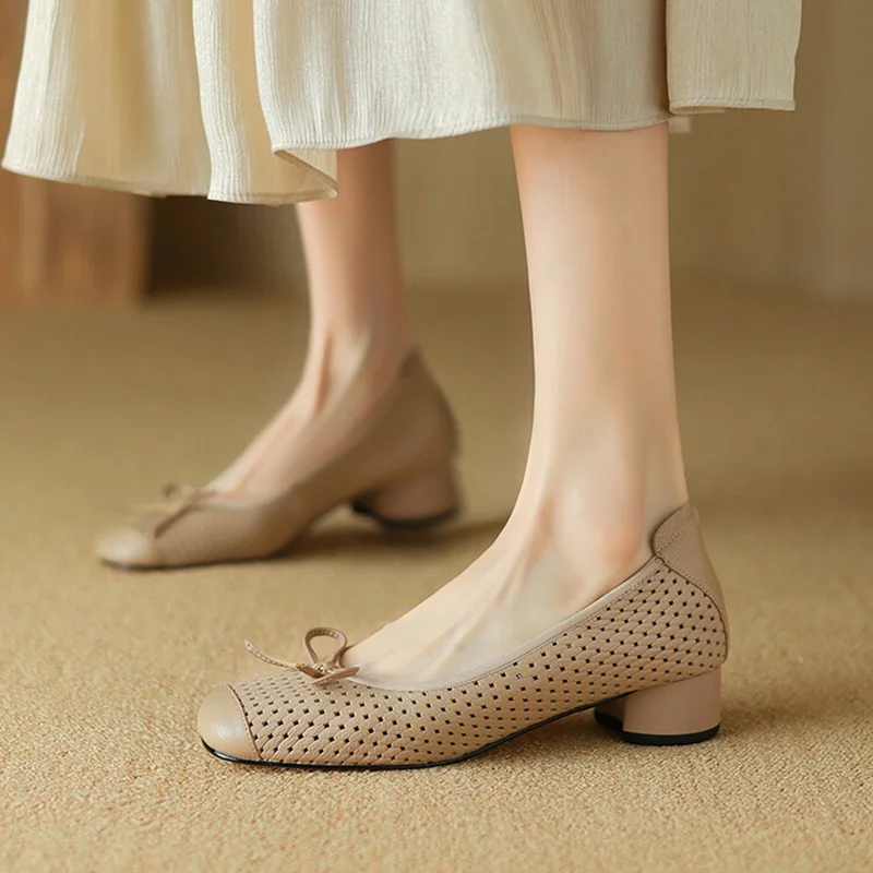 

NEW Spring/Autumn Women Pumps Genuine Leather Shoes for Women Square Toe Chunky Heel Shoes Concise Hollow Bow-knot Soft Shoes