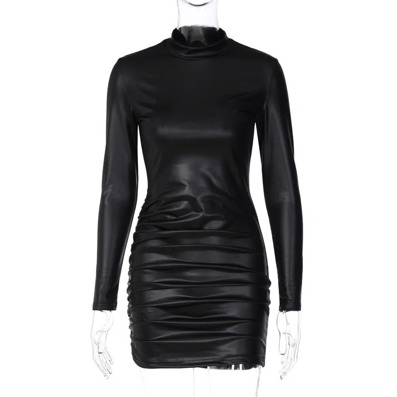 Women Long Sleeve Pu Faux Leather Bodycon Dresses Sexy Y2K Clothes O-Neck Mini Dresses For Women Club Party Elegant Streetwear