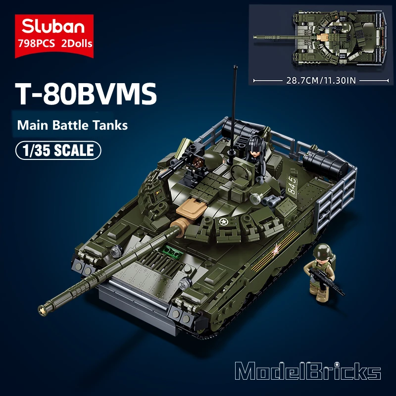 Sluban New WW2 Military Tank 2IN1 T-80US T-80BVMS Model Building Blocks Brick Soldiers Army weapon Kids Toys World War II 798PCS