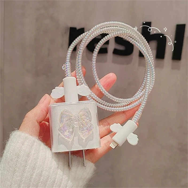 Clear Colorful Bowknot Soft Silicone Charger Case For IPhone 11 12 13 14 15 18/20W Cute Charge Protection Cover Charger Sleeve