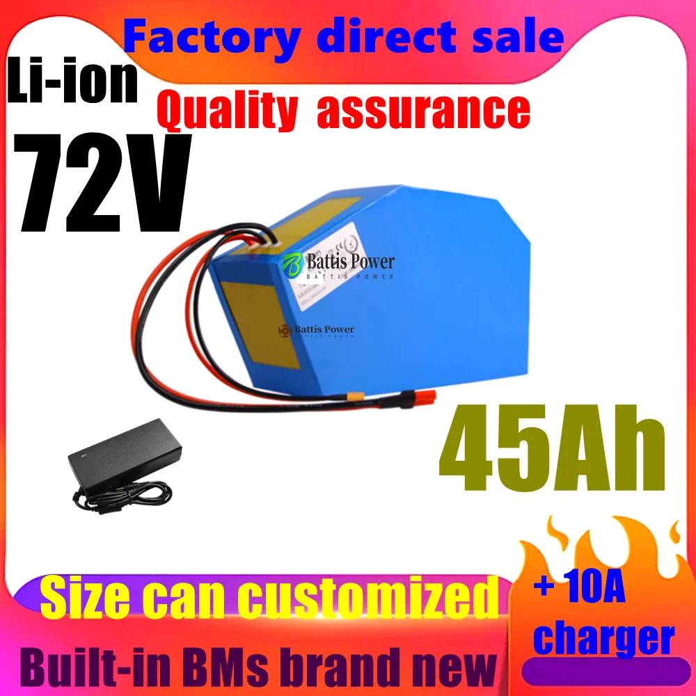 LRKK  72v 45Ah lithium ion triangle battery BMS li ion 20S for 5000w 6000w Mountain Bike scooter Motorcycle + 10A charger