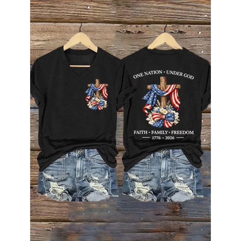 Ilstile 2026 New Arrival Women's USA 250 Years One Nation Under God Print T-Shirts Summer Short Sleeve V Neck Tops Casual Tees