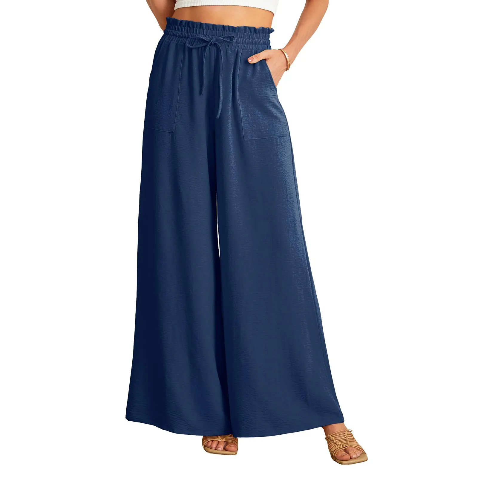 Yoga Wide-Leg Pants Women Cool Sweatpants Summer Thin Pleat Loose Straight Pants Office Lady Casual Drawstring Long Trousers