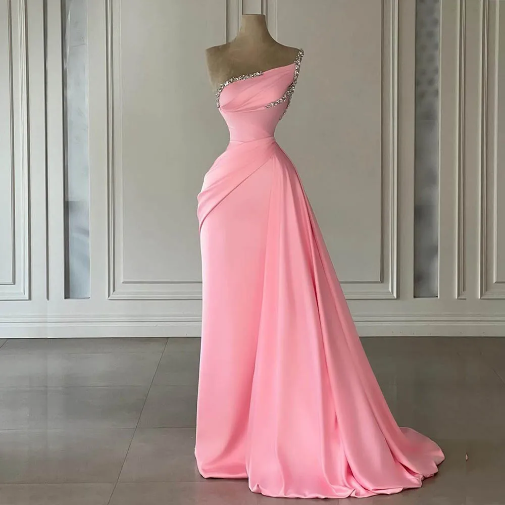 Special Occasion Pink Prom Dresses Sleeveless Crystal Pleat Sweep Train Gowns Formal Evening Dress for Elegant Women 2024