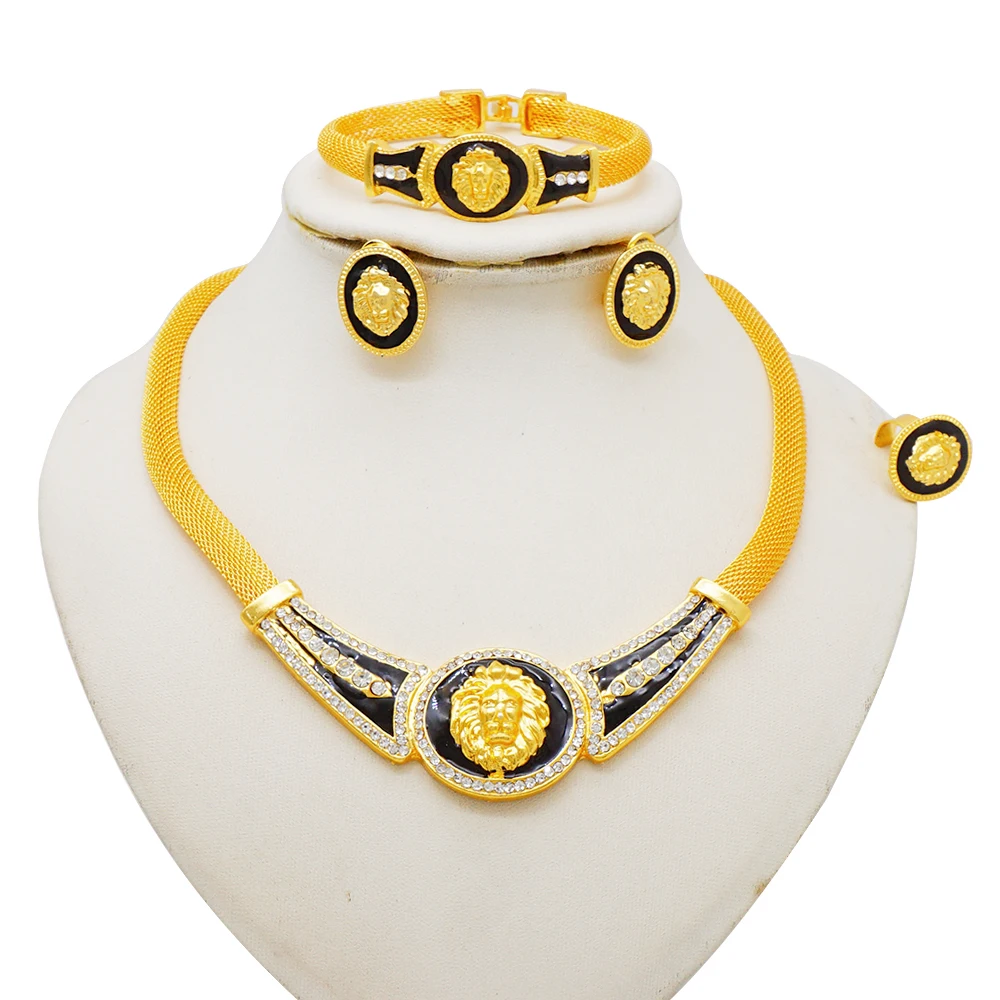 Fashion animal lion head gold plated jewelry set women\'s banquet wedding bride necklace set accessories