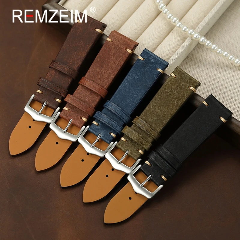 

Handmade Head Cowhide Leather Watch Strap 20mm 22mm Wrist Bracelets Black Blue Brown Handmade Replacement Wristband