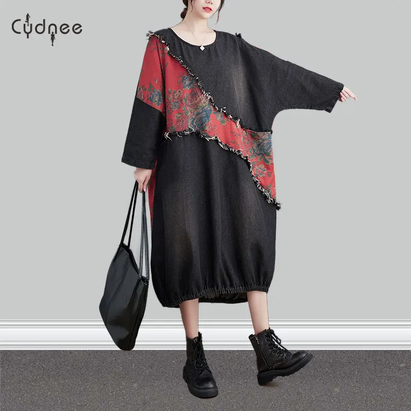 New Spring Fall Winter Ethnic Style Plus Size Oversize Cocoon Silhouette Long Sleeve Denim Dress