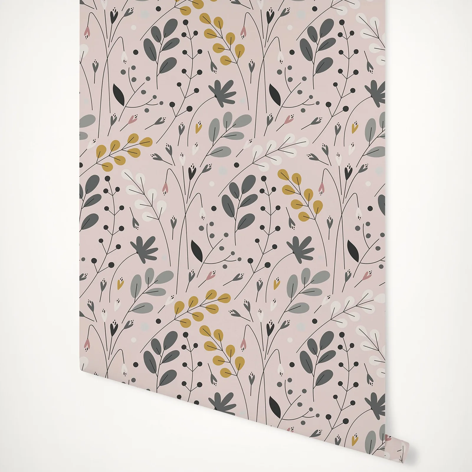 

Simple Scandinavian style wallpaper, Cornucopia Dusky Pink and Mustard leafy print wallpaper, Peel and Stick Wall Paper