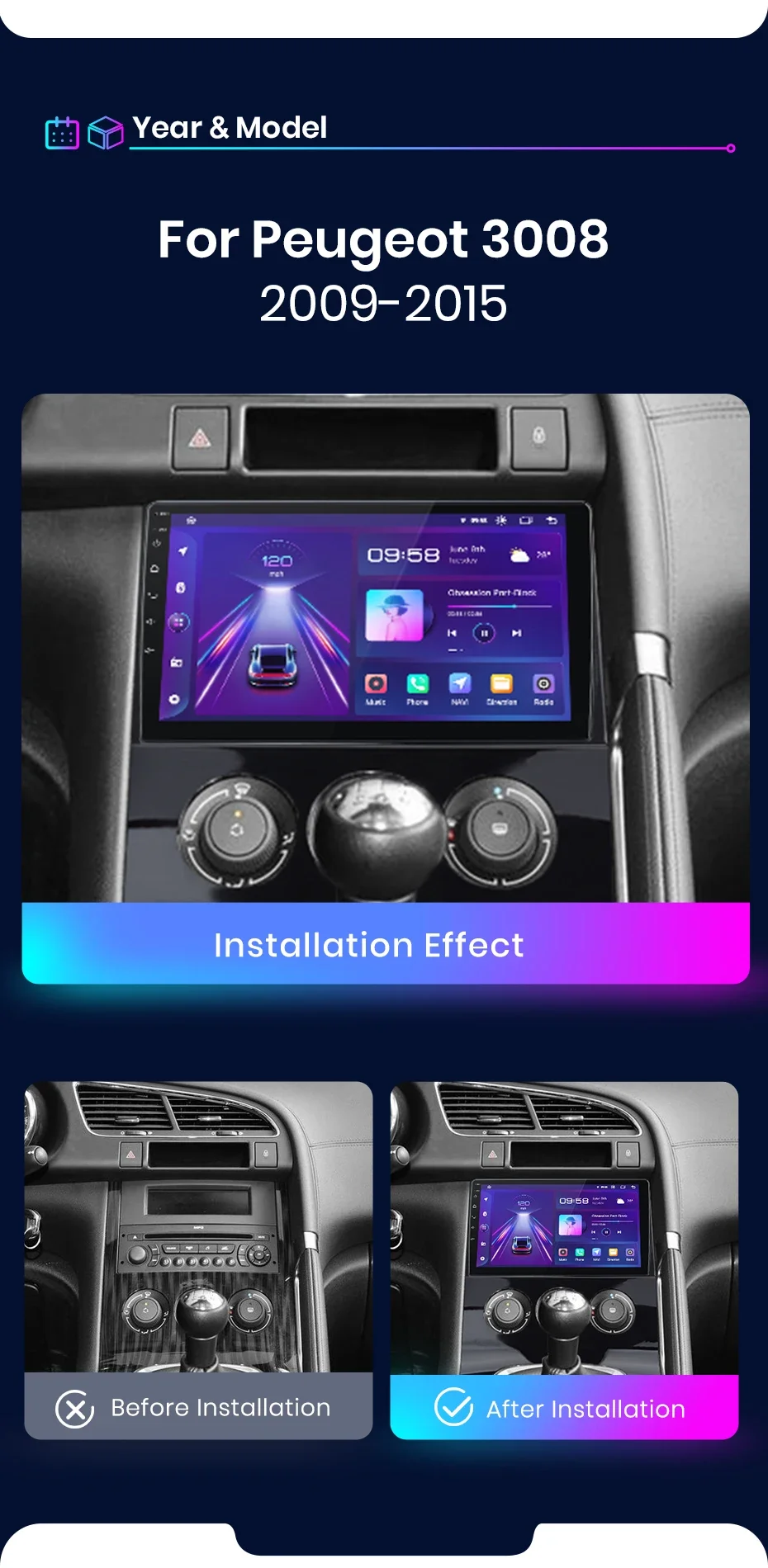 Junsun AI 4G LTE Drahtlose CarPlay Android Auto Auto Radio Für Peugeot 3008 2009 2010 2011 2012 2013-2015 GPS Navi BT DSP RDS FM – Detail 3