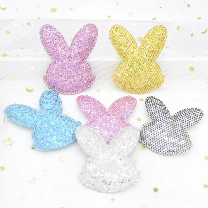 48*56mm Shiny Colorful Sequins Padded Patches Cartoon Rabbit Applique for DIY Baby Hat Headwear Hair Clips Decor Accessories