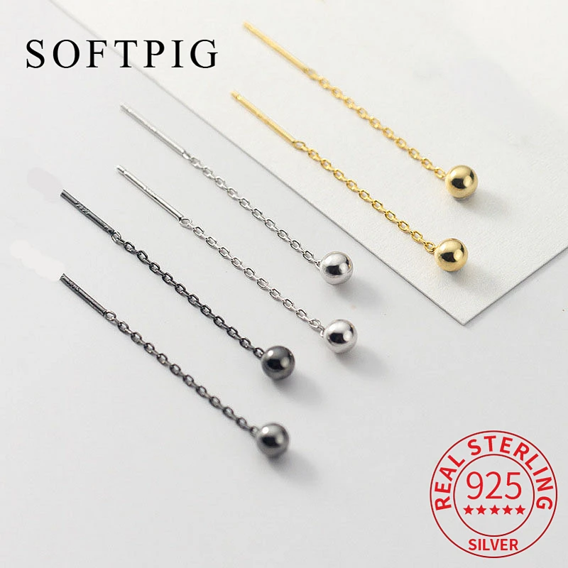 SOFTPIG Real 925 Sterling Silver Bead 18K Gold 38MM Short Chain Tassel Stud Earrings For Women Trendy Fine Jewelry Accessories