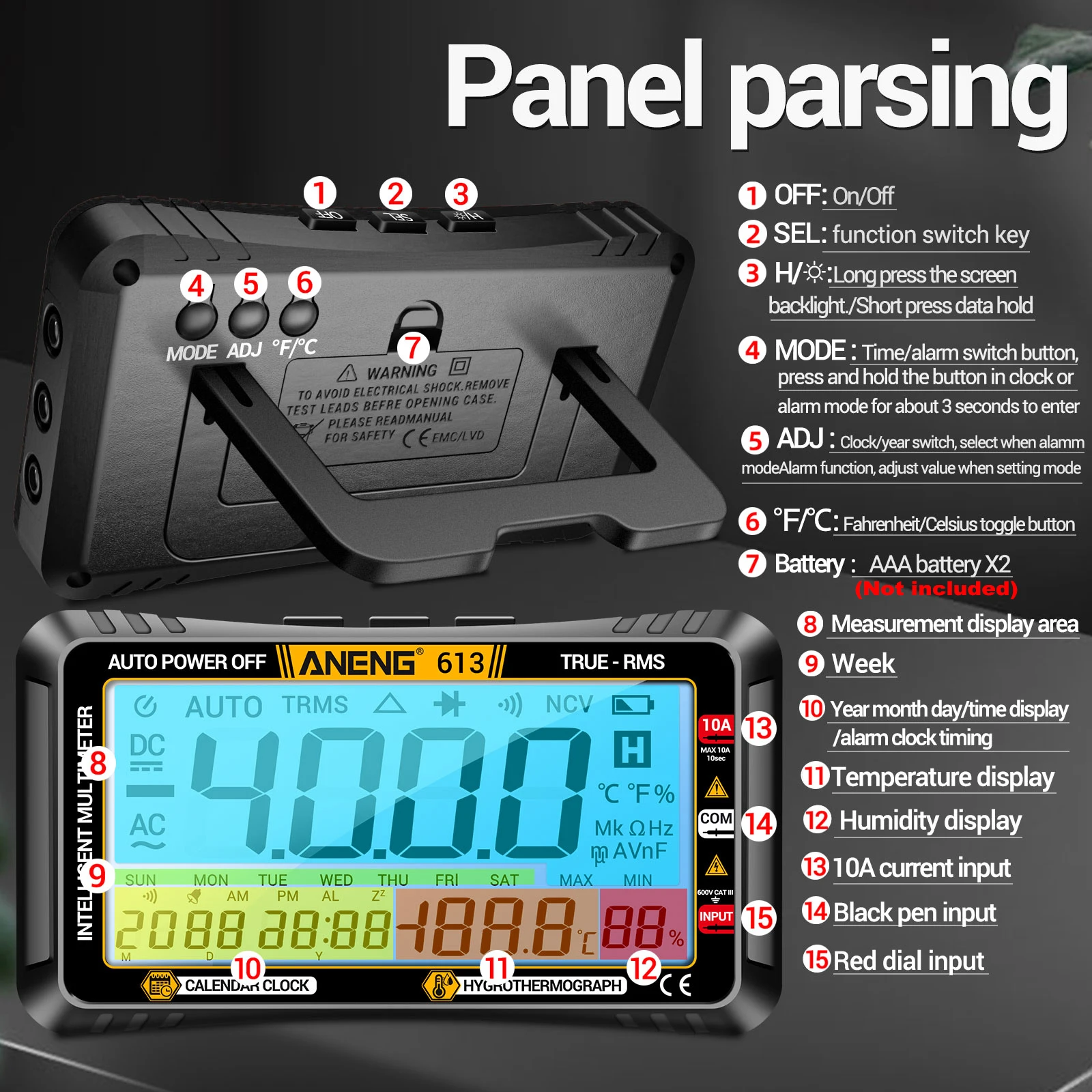 ANENG 613 Smart Multimeter Perpetual Calendar Temperature Hygrometer 4000 Counts Digital AC/DC Curent Voltage Pro Test Tools