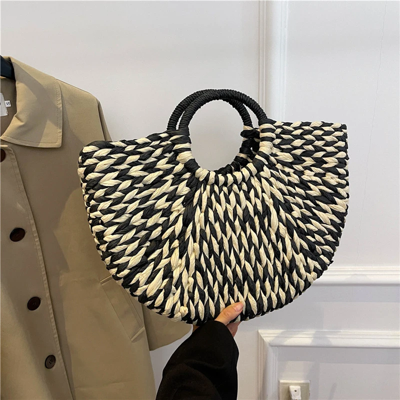 

Женская соломенная сумка в форме полумесяца, вместительная пляжная сумка ручной работы, дизайнерский тоут с ручками сверху, лето 2024