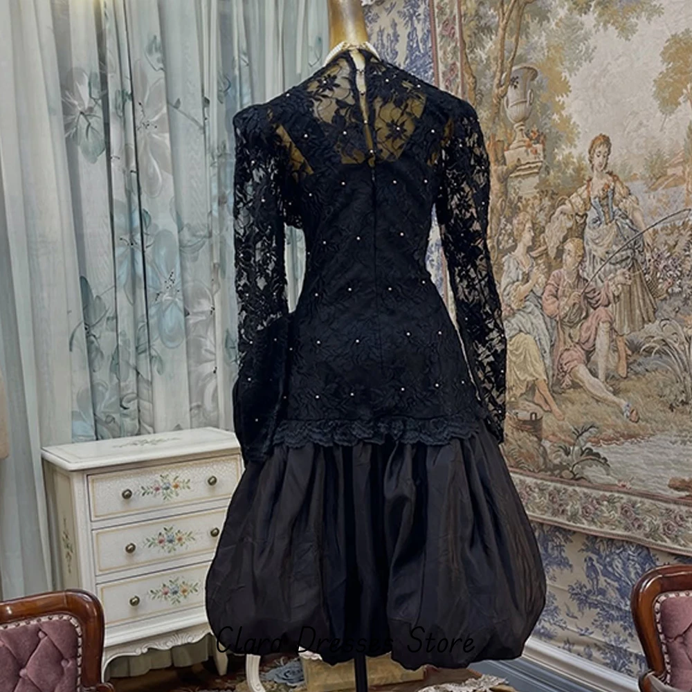 Simple Crew Neck Long Sleeves Evening Dress Customized A-Line Black Classic Party Dress High Quality Lace Bespoke Occasion Gowns