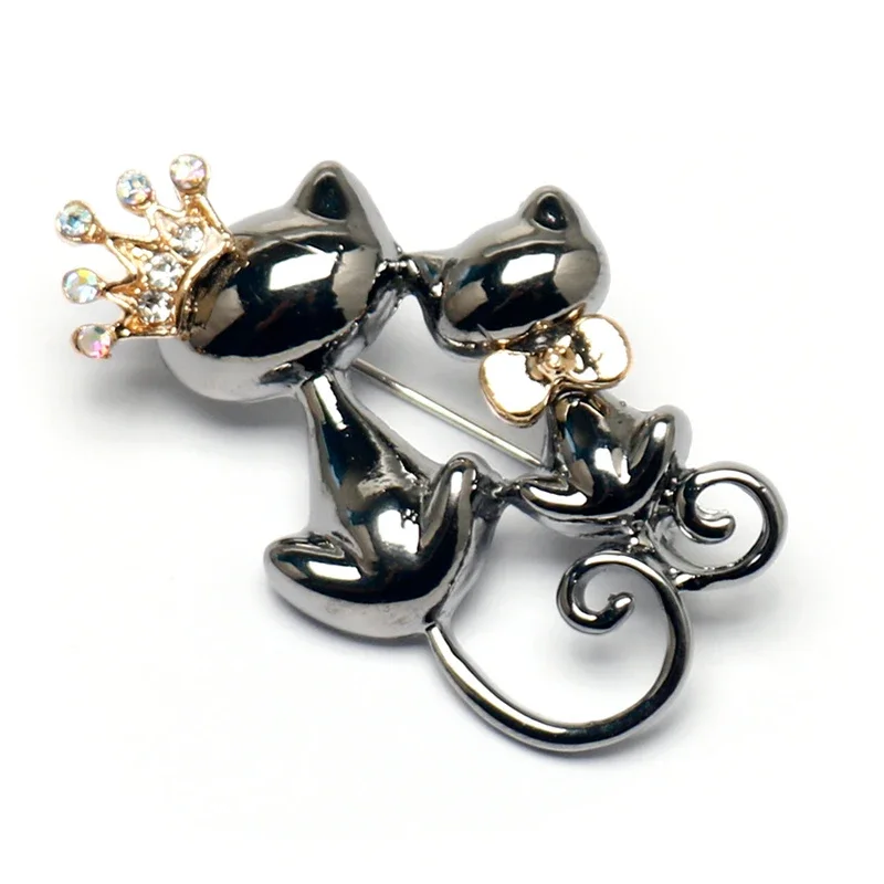 

New Cute Cartoon Love Double Cat Brooch With Shiny Animal Bown Accessories Cat Collar Brooch Pin 2024