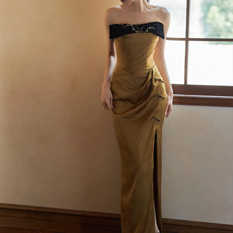 

Новое женское свадебное/помолвочное платье в китайском стиле, легкое, роскошное, улучшенное, в стиле ретро, без бретелек