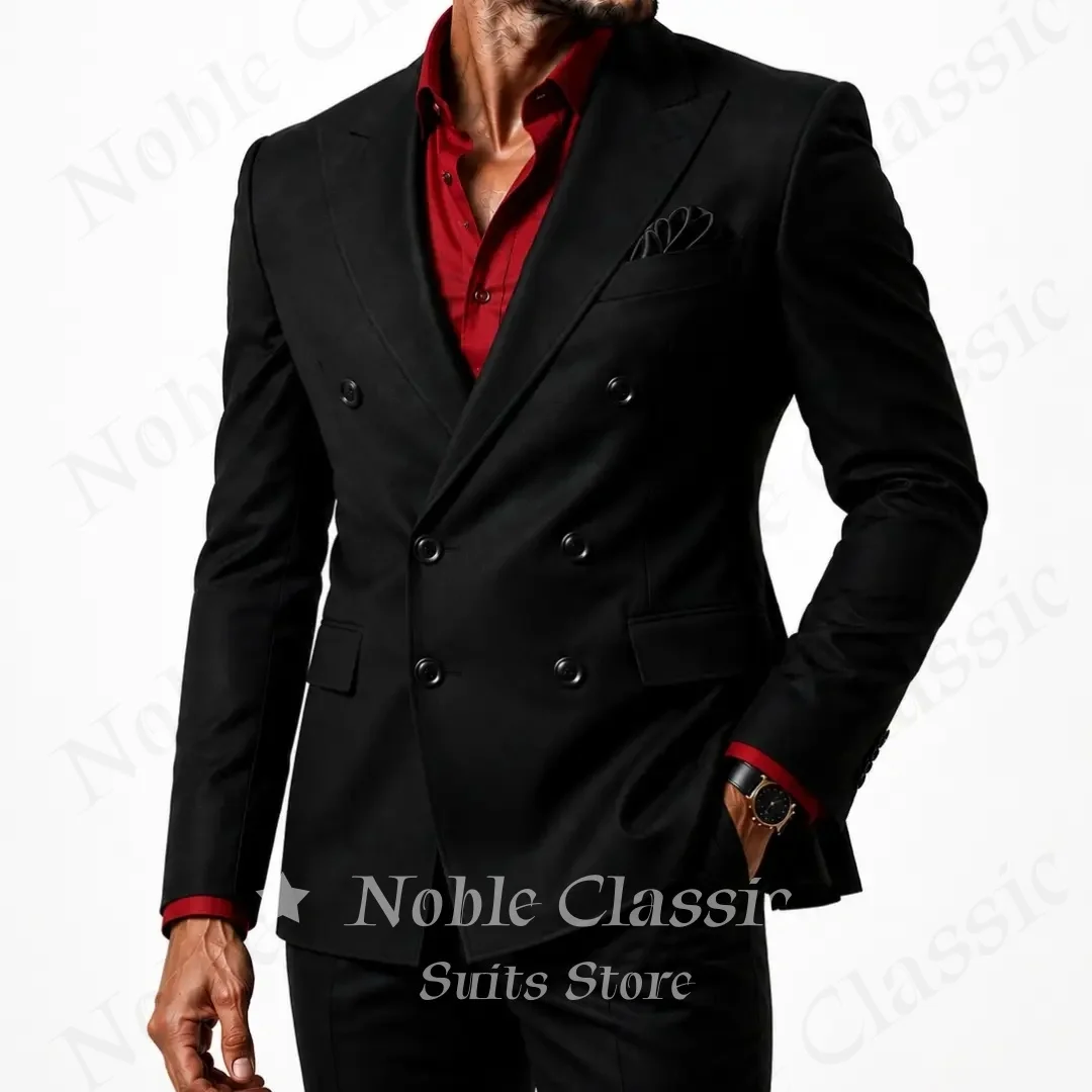 Black 2 Piece Suit Men Wide Peak Lapel Double Breasted Slim Fit Blazer Matching Pants Set Daily Formal Wedding Prom Customized