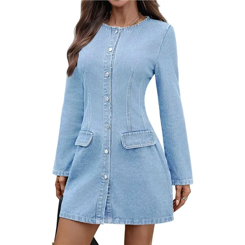 

CYL-Women Denim Shirt Dress Long Sleeve Crewneck Denim Dresses 2025 Fall Cute A Line Mini Short Jean Dress