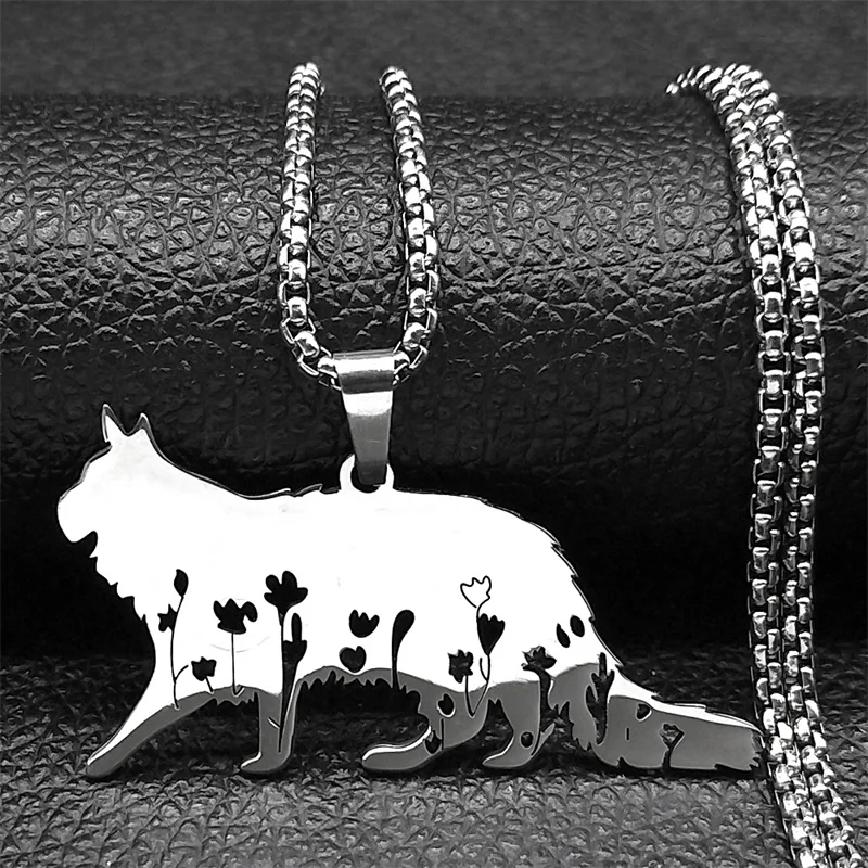 Cute Cat Flower Kitty Pendant Necklace for Women Men Stainless Steel Silver Color Animal Lover Chain Necklaces Jewelry collar