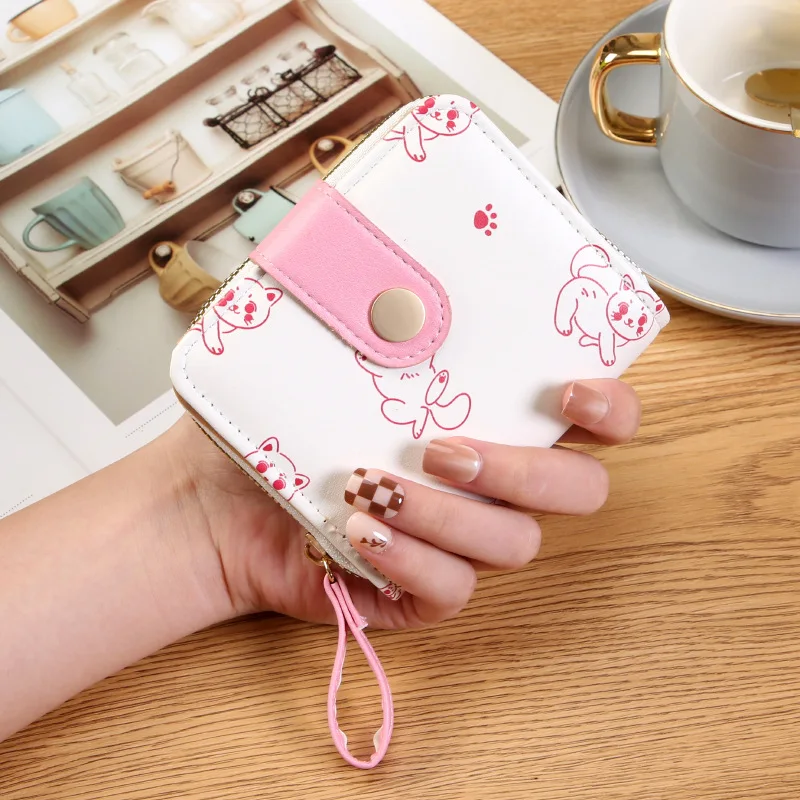 Portafogli corti da donna con gattino carino giapponese Porta carte per studenti con portamonete con cerniera Portafoglio bifold con fermasoldi per ragazze rosa