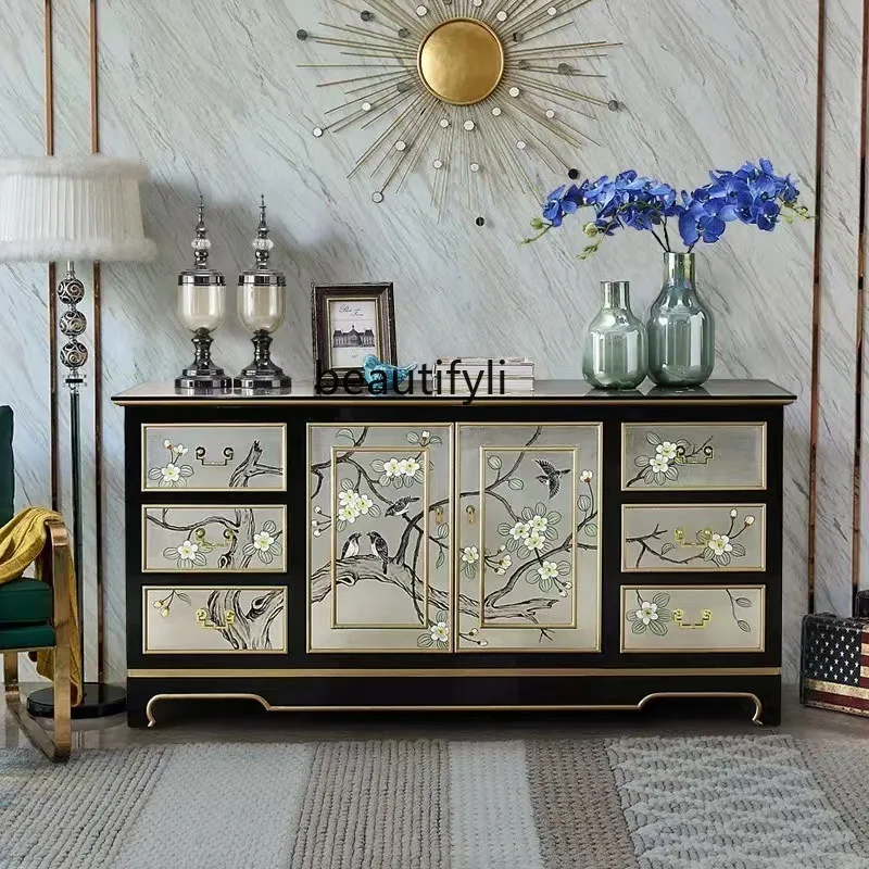 

New Chinese-style entrance cabinet Living room foyer cabinet Solid wood hand-painted storage side cabinet