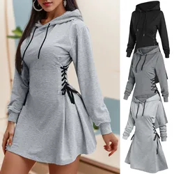 Mini vestido con lazo en la cintura para mujer, sudaderas con capucha de manga larga con cuello en V, sudaderas con capucha ajustadas, sudaderas con cordón sólido largas de moda para mujer