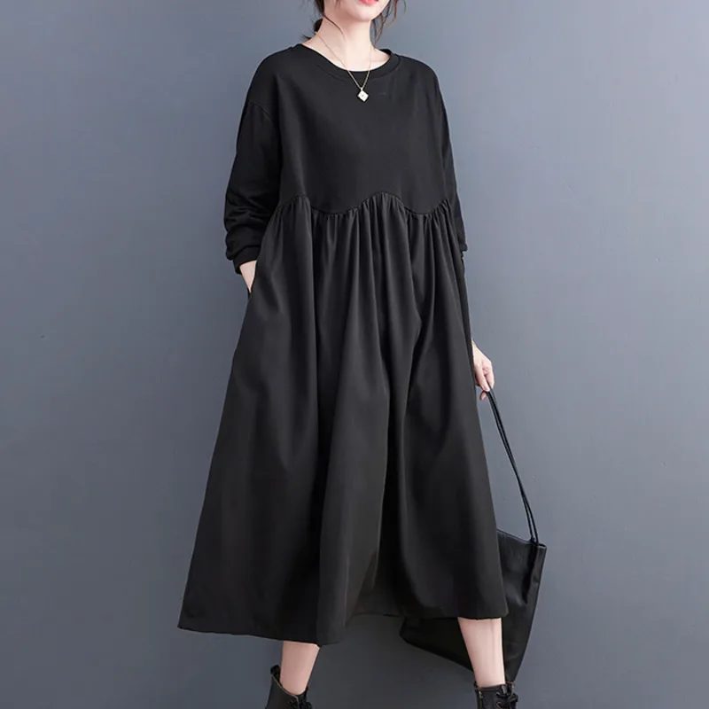 Robe trapèze à manches longues pour femmes, robe trapèze fendue, t-shirt plissé, robe midi femme, col rond, printemps, automne, #6804