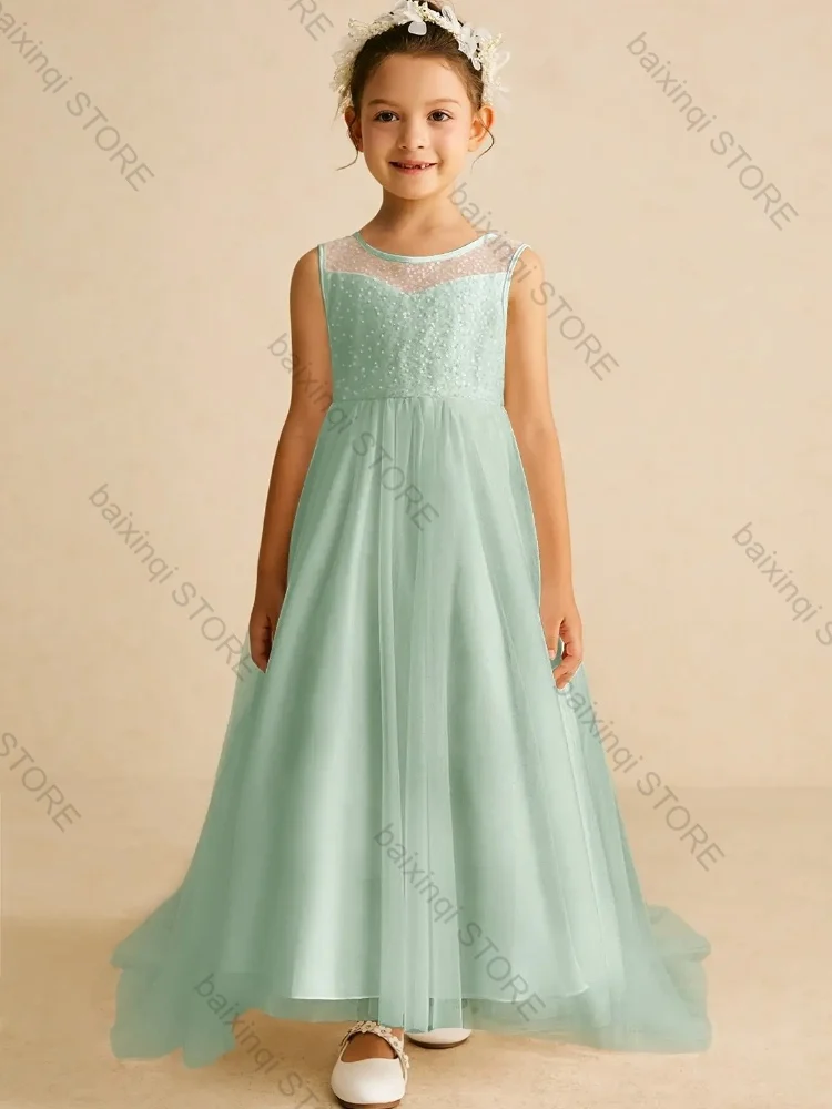 

Flower Girls Elegant Party Dresses Tulle String Of Beads Detachable Tailing Long Skirt Formal Occasion Wedding Birthday BallGown