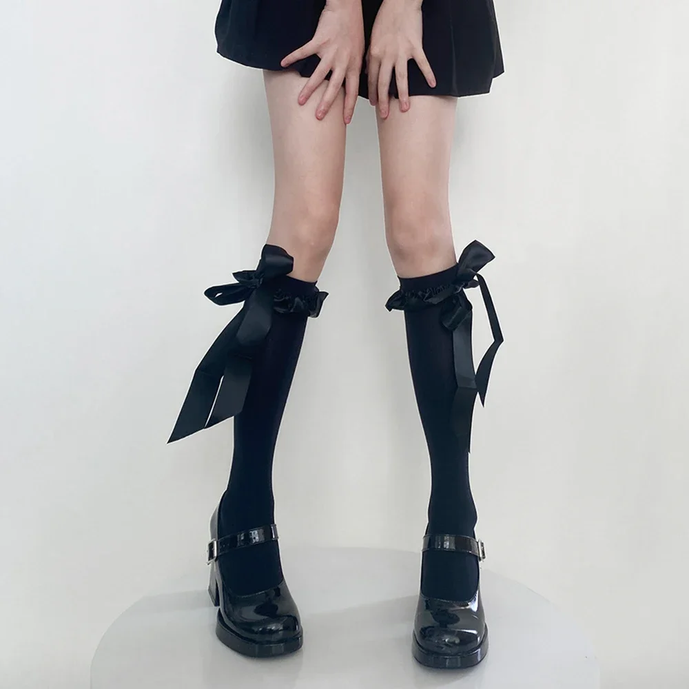 Lolita Calf Socks Bow Tie JK Calf Socks Japanese Lace Silk Ribbon Sweet Girl Over Knee Socks Y2K High Thighs Stockings