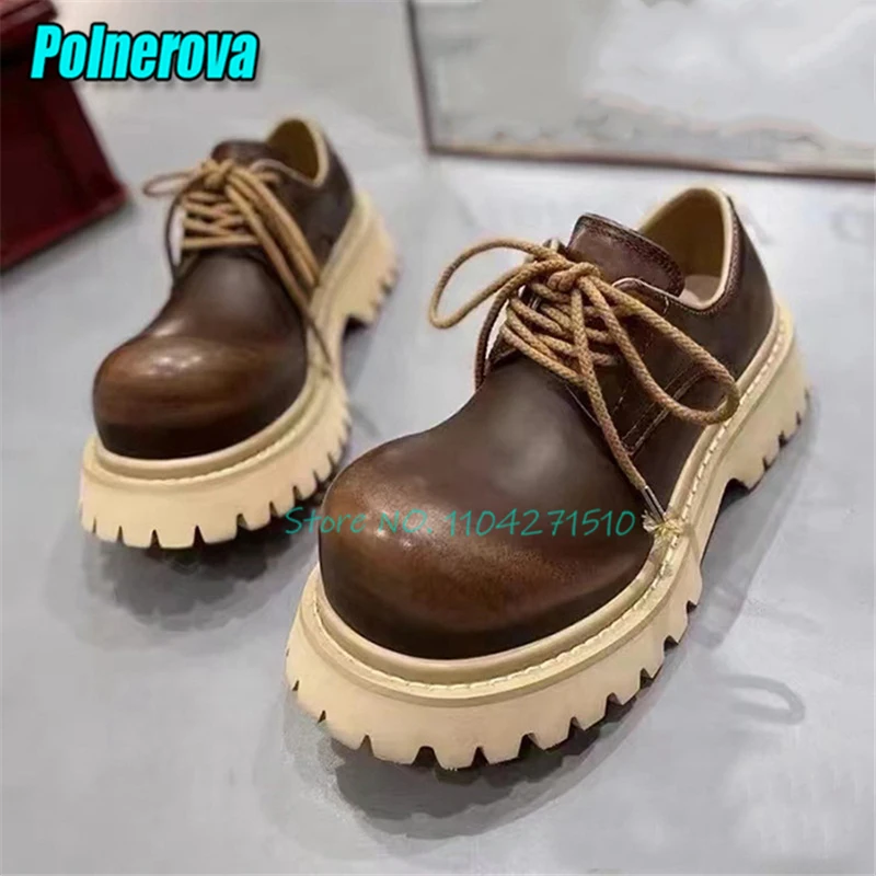 Retro Round Toe Thick Soled Derby Shoes for Men Women British Style Lace-Up Platform Oxfords Outdoor Trendy Couple Casual Shoes