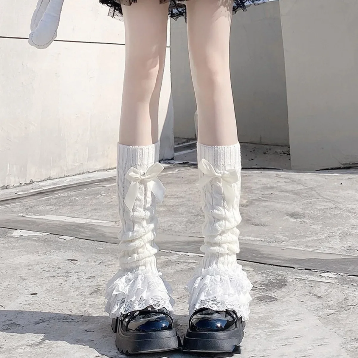 Lolita Autumn Winter Leg Warmers Girls Warm Sweet Lace Mid-calf Socks Japanese and Korean Bow Knitted Socks Clothing Accessories