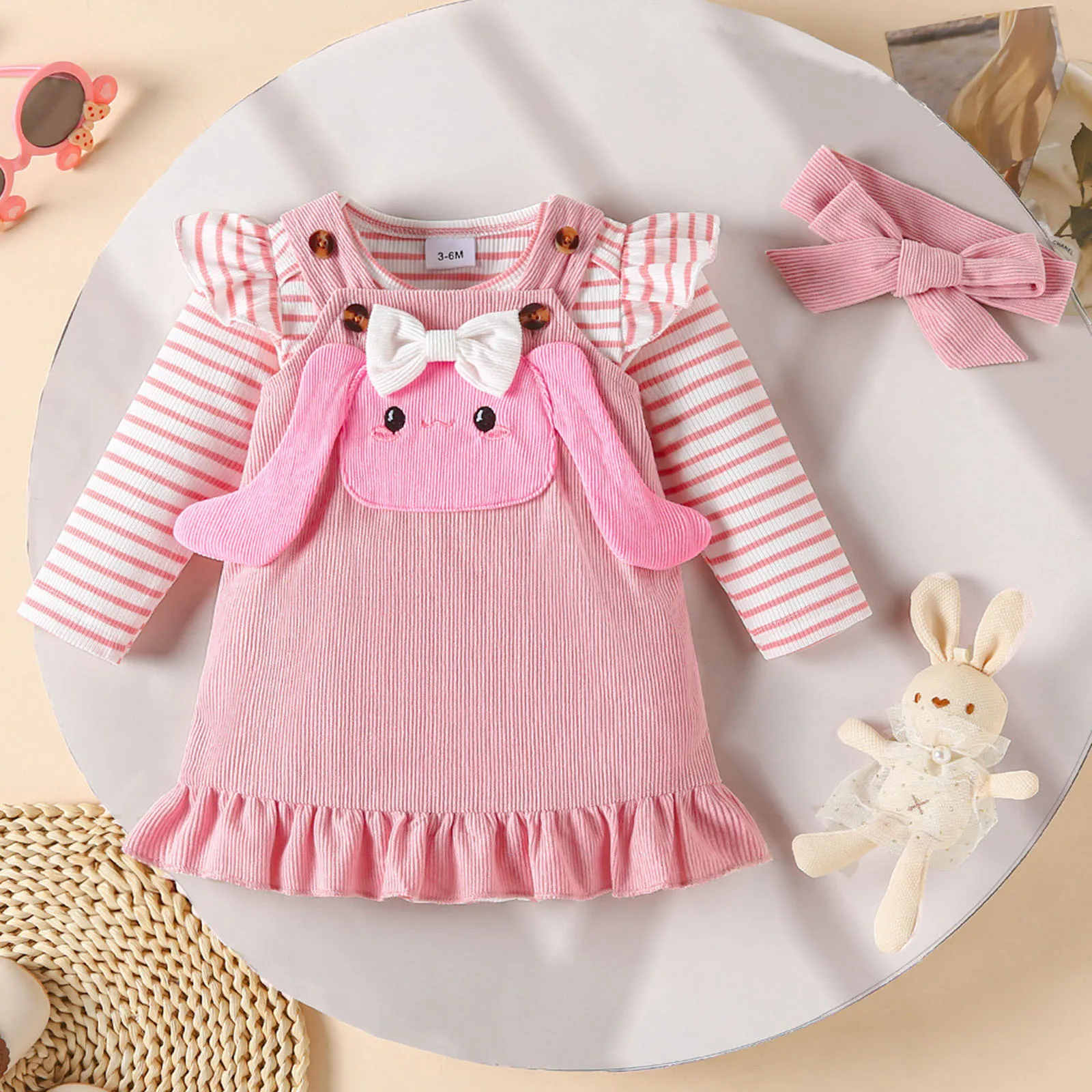 

Baby Girls Outfit Set Flutter Sleeve Striped Long Sleeve Bodysuit Cute Bunny Overall Princess Dress And Headband Three Piece Set