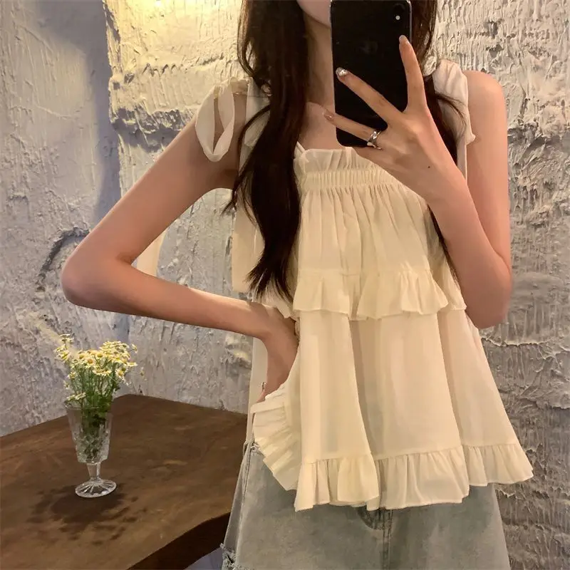 Women Summer Korean Fashion Loose Sleeveless Pleated Solid Color Appear Thin Camis Women Clothes Casual All-match Sweet Top Tee