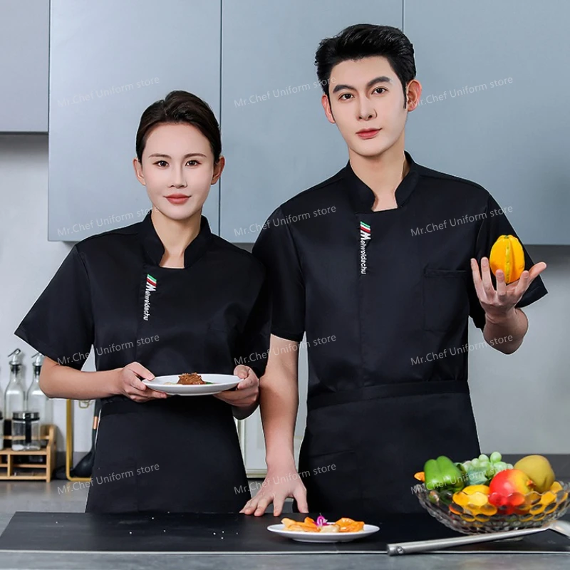 Schwarze Kochjacke Restaurant Kurzarm Kochuniform Kochmantel Koch T-Shirt Bäcker Arbeitsuniform Kellner Hotelkleidung Damen Logo