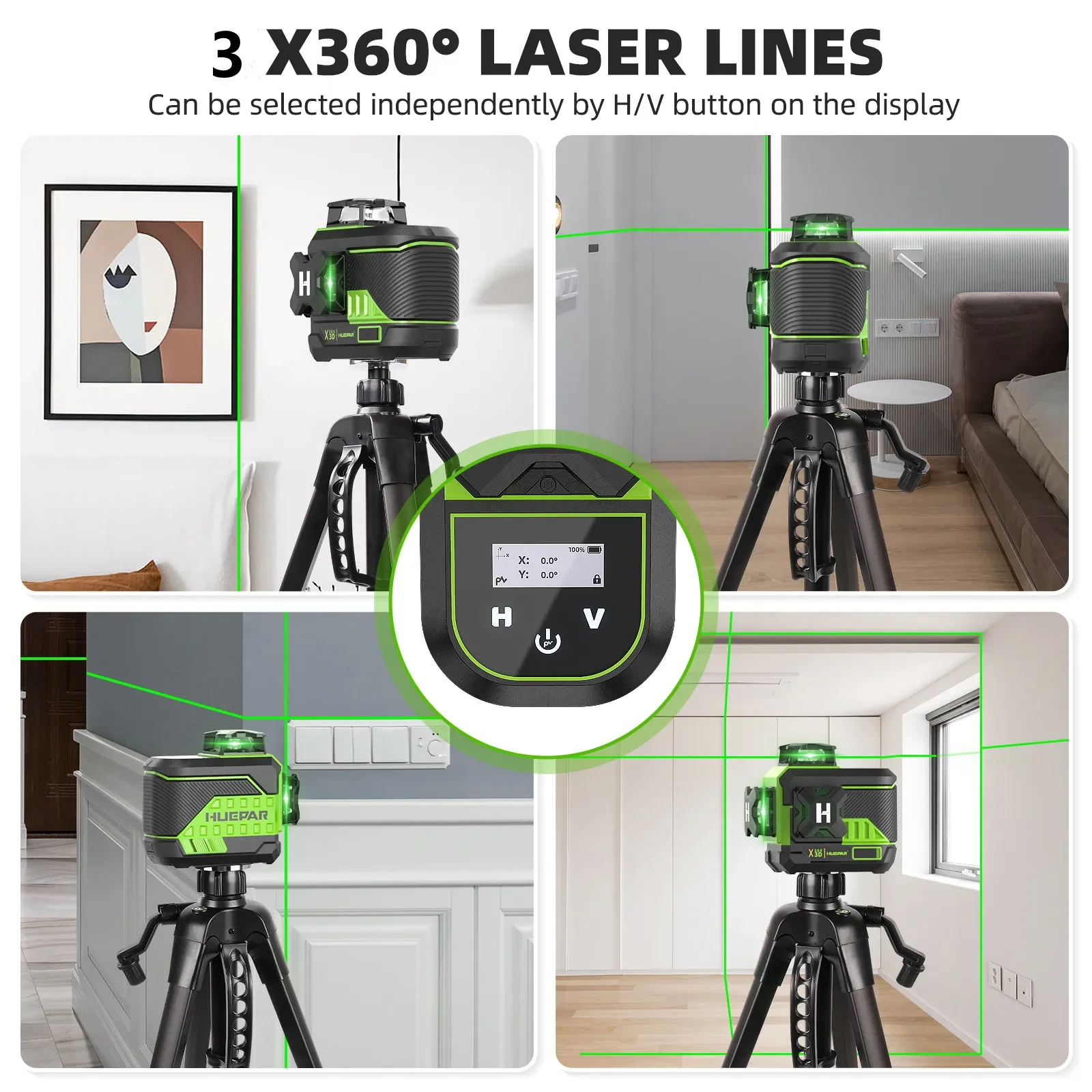 Huepar 3D Cross Line Laser Level 360° 12 Lines Osram Self-leveling Laser Level Tools With LCD Display & Bluetooth & 2x Batteries