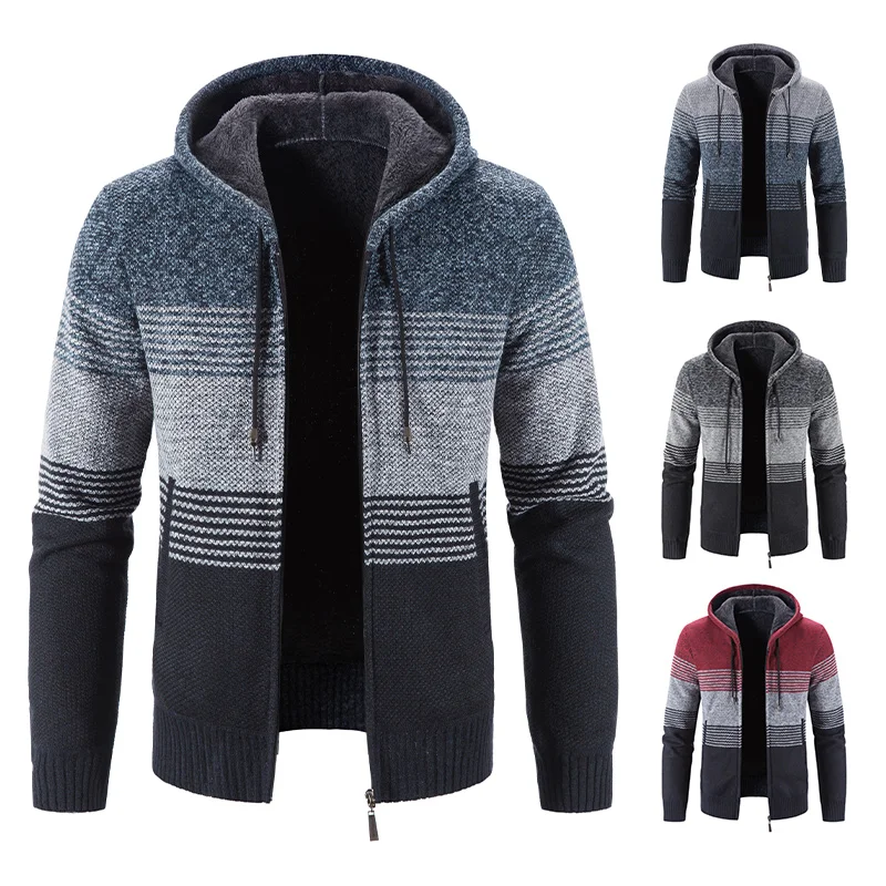 Male New Autumn Winter Hoodie Men's Sweater Coat Fleece Warm Jackets Y2K Korean Striped Stylish Hooded Cardigan Hombre Outwear