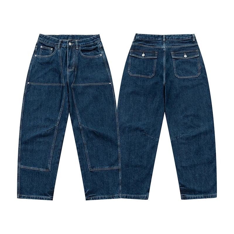 

Autumn Winter Men's Jeans Retro Waed Straight Leg Double Knee Logging Basic Versatile Micro Cone Straight Tube Pants