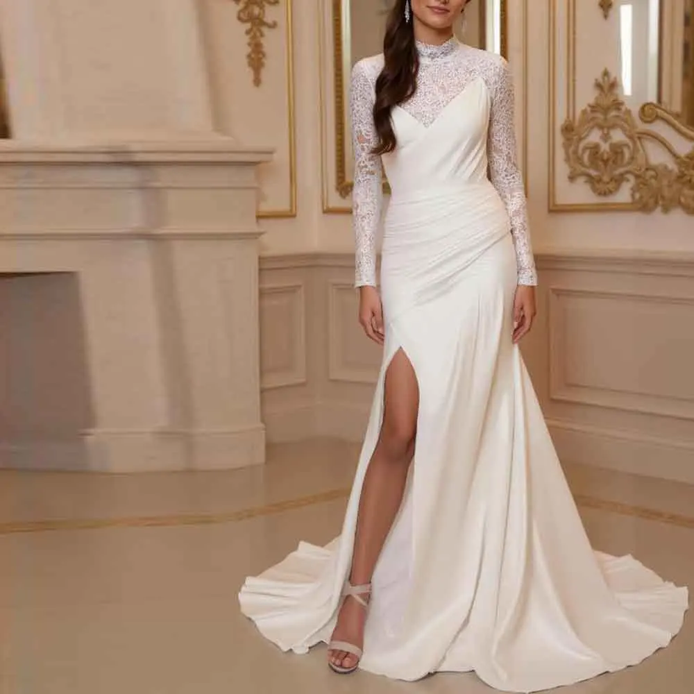 فستان زفاف حورية البحر بأكمام طويلة مخصص مع فتحة دانتيل وأكمام طويلة من الساتان العاجي رداء de mariée #1