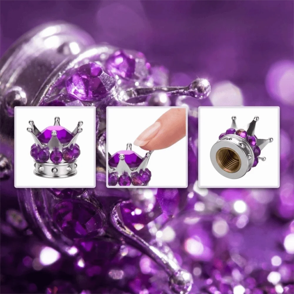 4PCS Crown Diamond Tire Valve Stem Caps Chrome Crown Copper Core Car Wheel Tire Valve Caps Colorful Handmade Crystal Rhinestone