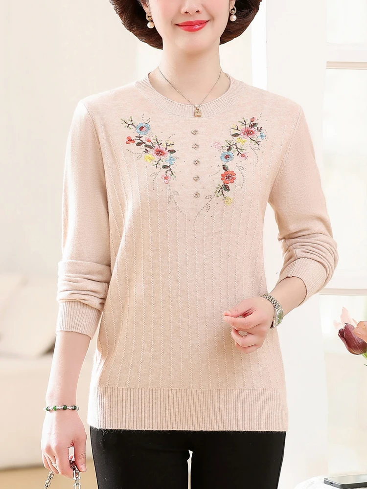 Embroidery Floral Sweater Women Spring Autumn Long Sleeve Pullover Femme Women Clothing Causal Soft Mother's Sweaters