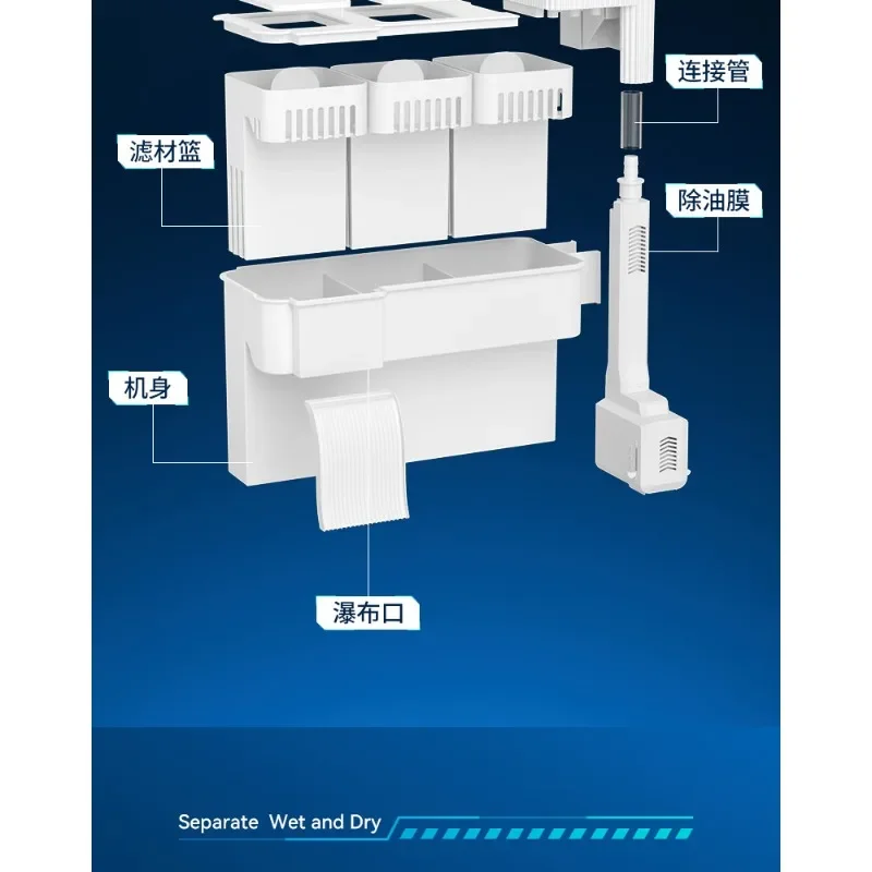 Fish tank filter, water purification circulation, three-in-one wall-mounted dry and wet separation, and drip-box oxygen filtrati