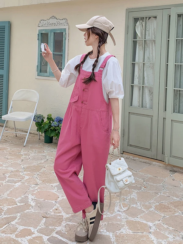 กางเกงลายทางสีชมพูหวานแหวว ช่วยชะลอวัย สำหรับผู้หญิง ฤดูร้อน ผ้าบาง ทรงเข้ารูป สาวหวาน สไตล์นักศึกษา จั๊มสูทเอวสูง ทรงตรง...