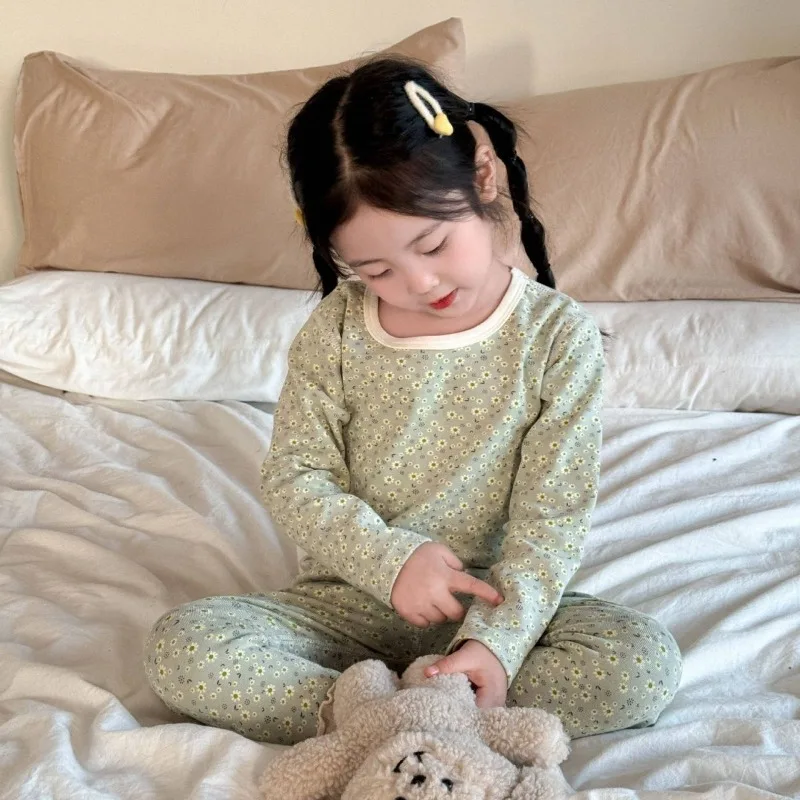 

A Class 100% Cotton Kids Autumn Winter Thermal Underwear Set 300g Seamless Brushed Fleece Lined Unisex Girls Homewear