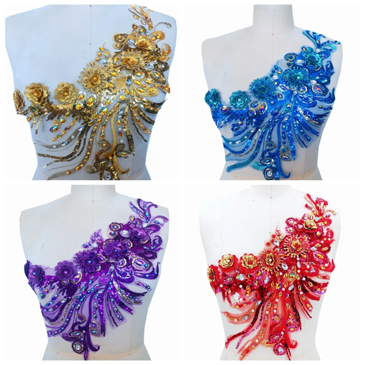 Beaded rhinestone applique three-dimensional lace flowers wedding dress embroidery fabric patch