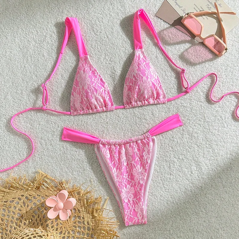 

Sexy Pink Lace Bikini 2025 Women Halter Push Up Bra Pleate Thong Swimsuit Brazilian Summer Bathing Suit Micro Swimwear Biquini