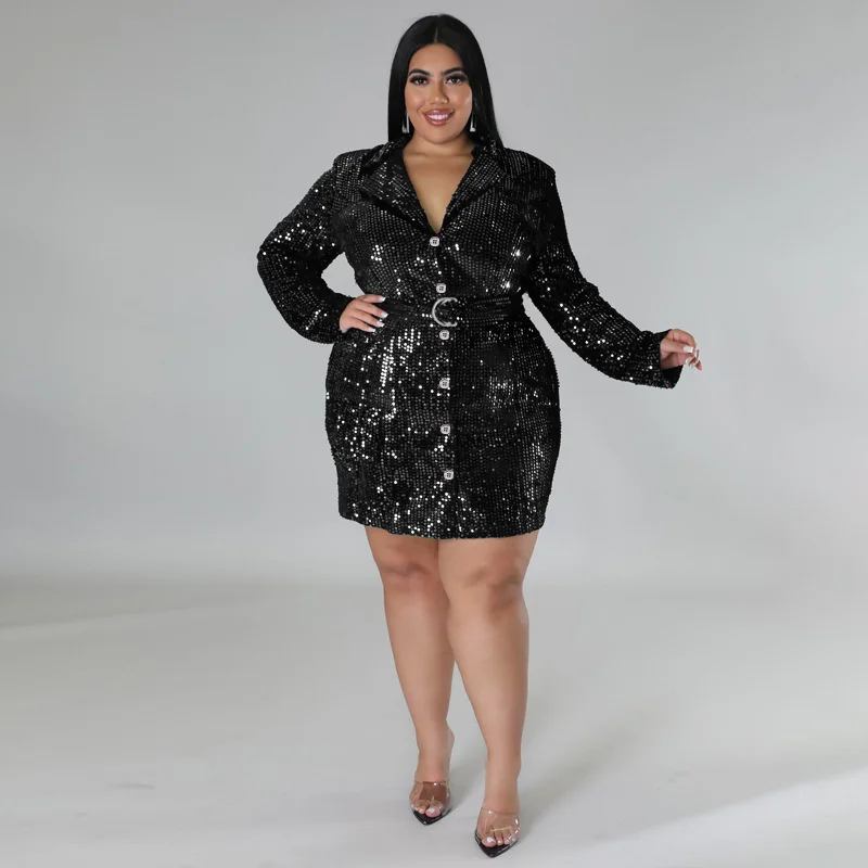 Women Plus Size Suit Dresses Fashion Lapel Long Sleeve Sequin Blazer Elegant Casual Lady Solid Color Jacket Dress For Party