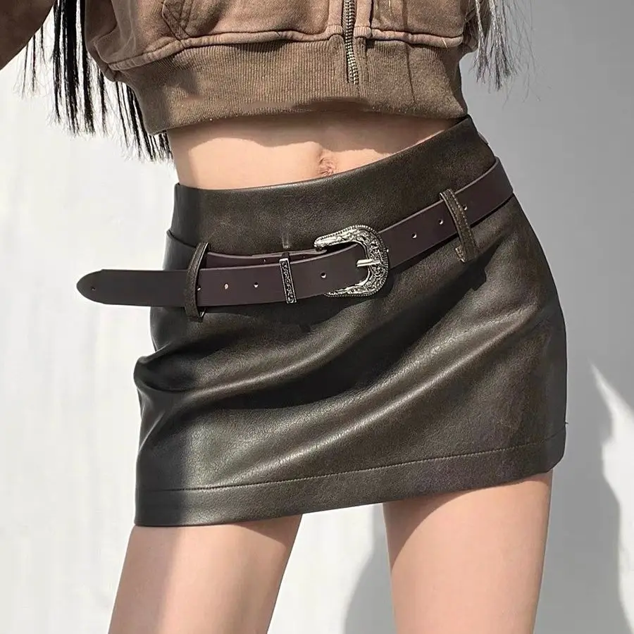 Vintage Brown Pu Leather Skirt 2025 Winter New Women's A-shaped Leather Bodycon Skirt with Belt
