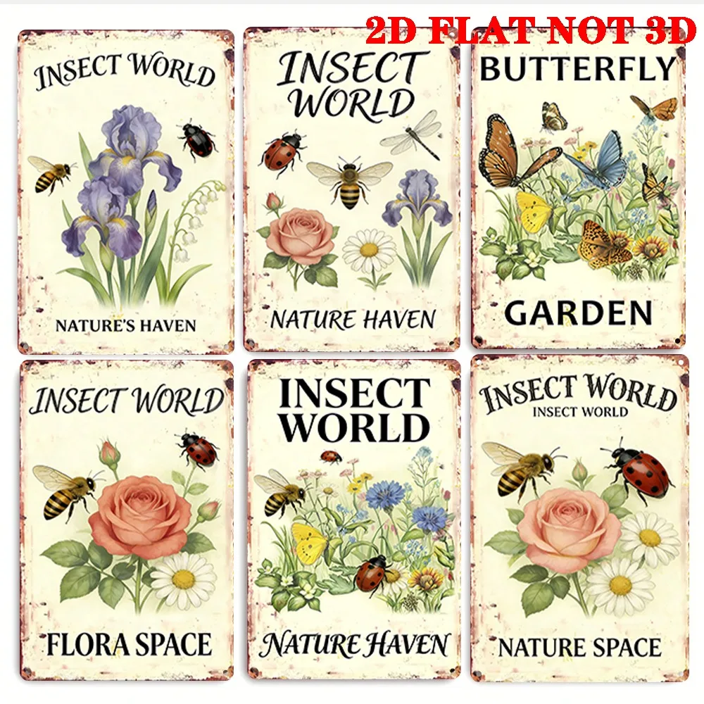 6pcs Vintage Metal Signs Set - Insect World, Butterfly Garden, Flora Space | And Dustproof - for Man Cave, Office, Bar, Garage,