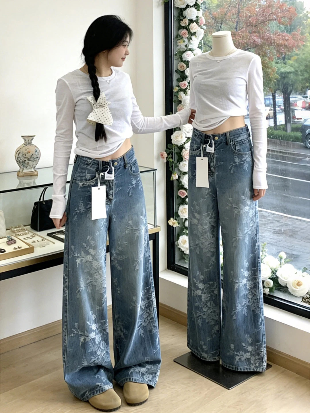 

Retro American Flared Denim Jeans Women's plus Size 300 Pou Embroidered Straight Leg Loose Slimming Trousers