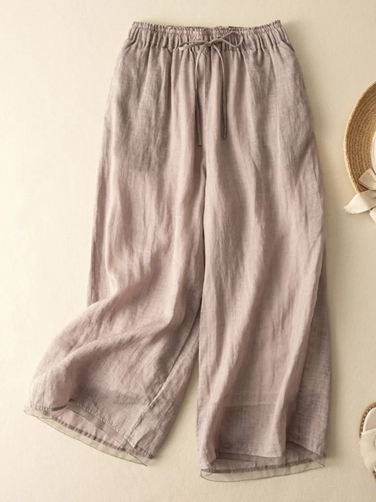 

Летние тонкие широкие брюки, женские однотонные повседневные брюки со свободной талией, драпированные прямые хлопковые льняные брюки